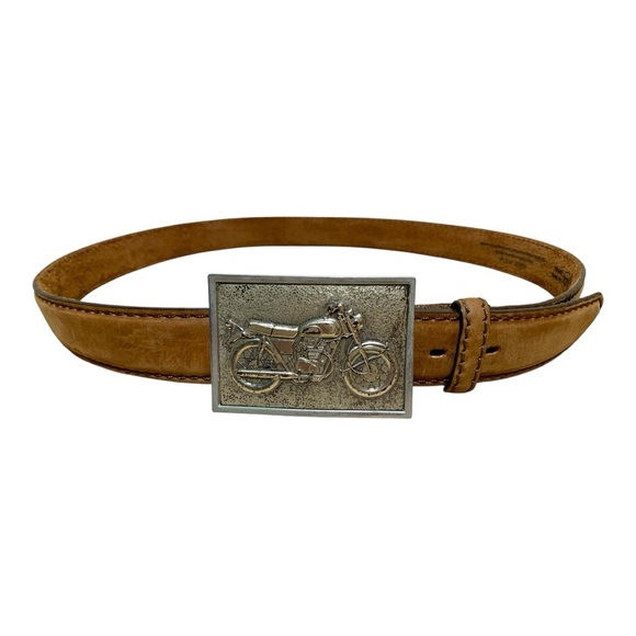 Vintage Justin Boot Co. Leather Belt With Brass Motorcycle Buckle Size 46 - Picture 2 of 4